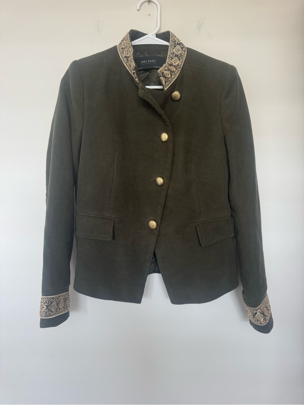 Zara Embroidered Cotton Collar Olive Green Women's military Jacket Blazer M